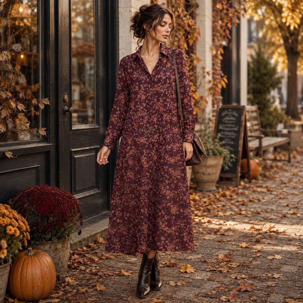 90's Vintage Eddie Bauer Fall Floral Prairie Cottagecore Shirt Dress Womens XL